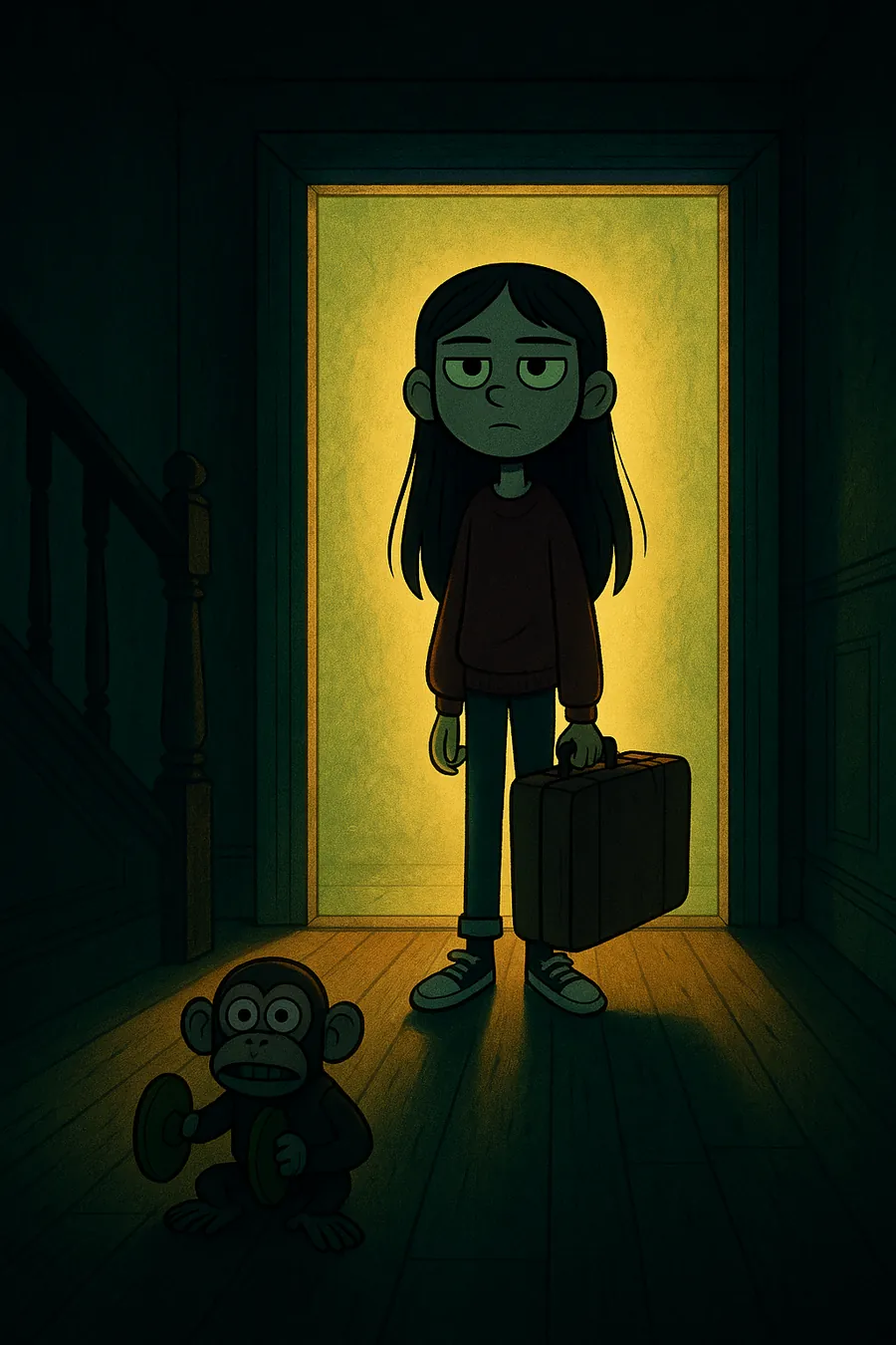 First Blood concept art: a girl with a suitcase silhouetted in a glowing doorway, a toy monkey at her feet