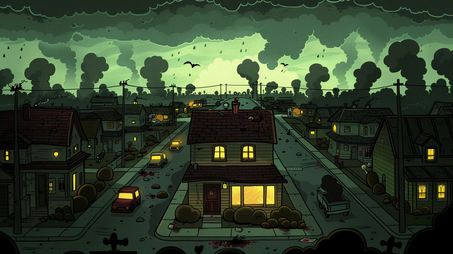 First Blood concept art: a sleepy suburban town under a sickly green sky