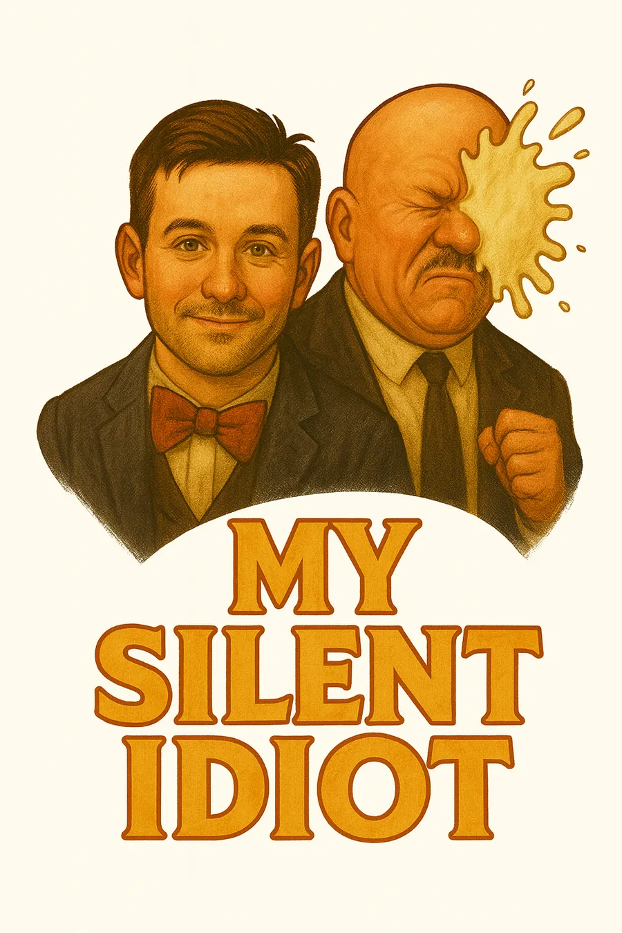 My Silent Idiot artwork: two men in 1920s dress, one hit in the face by a custard pie