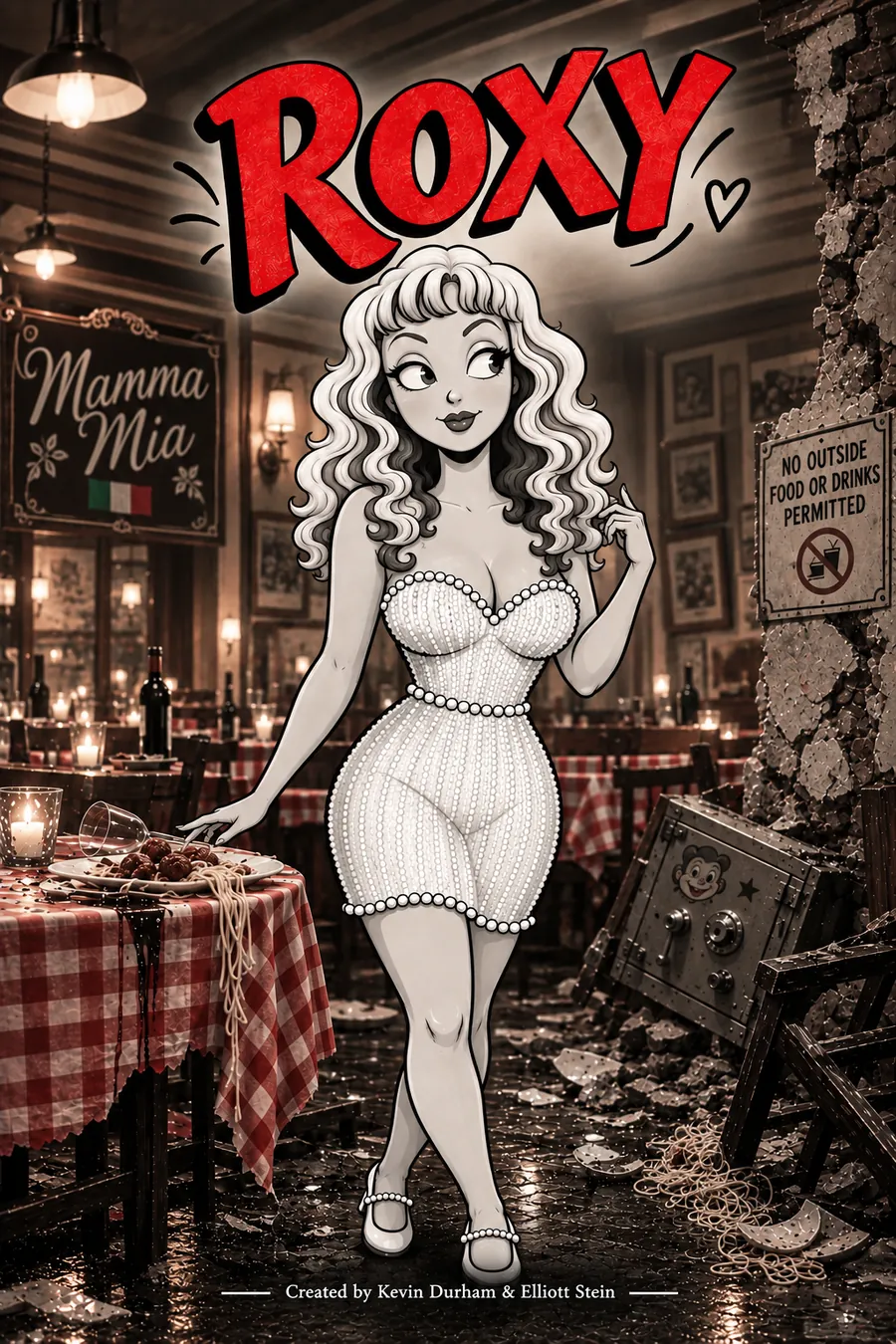 Roxy poster: a 1930s black-and-white cartoon star in a pearl dress, standing in a wrecked Italian restaurant beside a dented safe