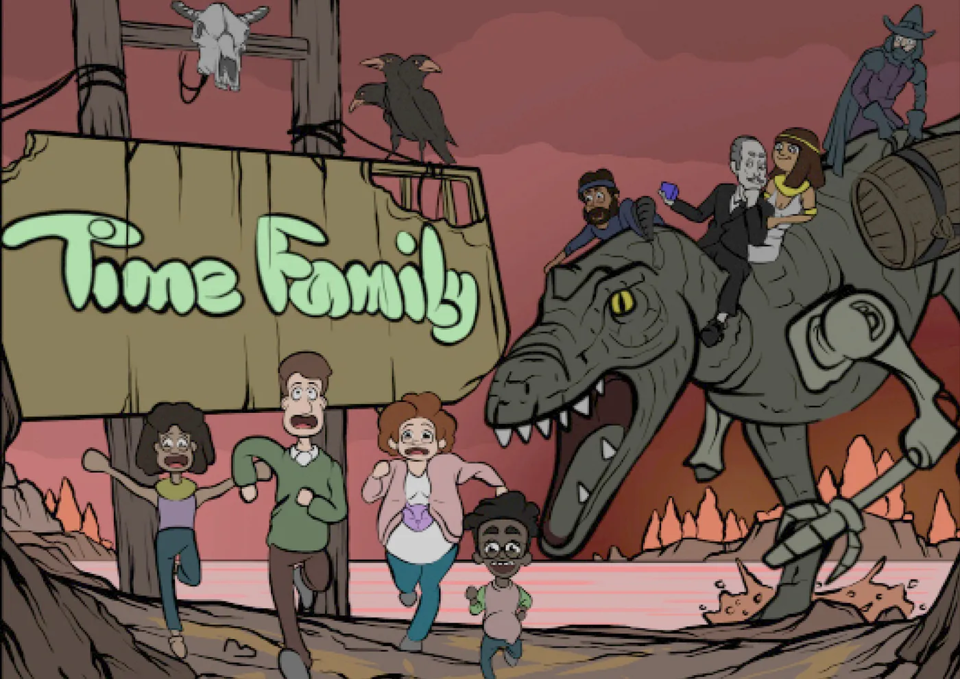 Time Family artwork: a cartoon family fleeing a robotic dinosaur